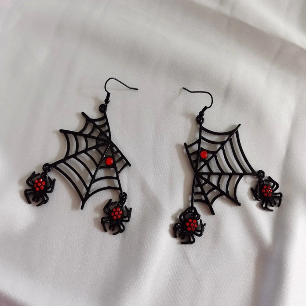 Zara Black Spider Web Dangle Earrings with Red Accents